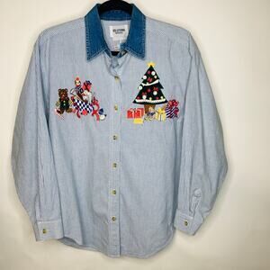 Vintage Embroidered Christmas Shirt Chambray Denim Bear Tree Sz Small